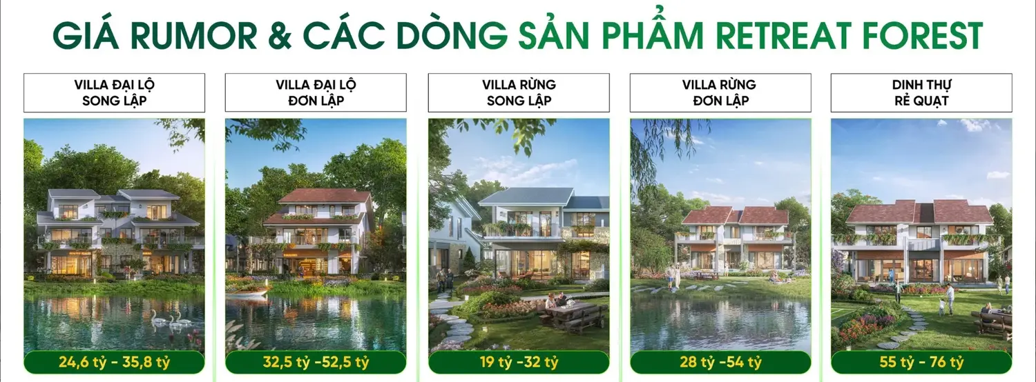 Các loại biệt thự: Villa đại lộ song lập, đơn lập, Villa rừng song lập, đơn lập, dinh thự rẻ quạt